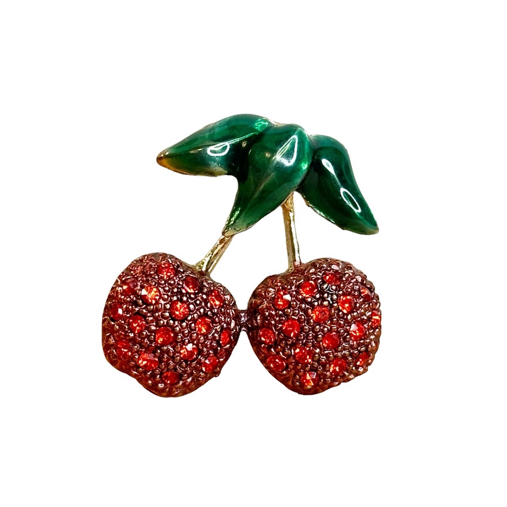 Vintage Rhinestone Cherry Enamel Gold Tone Brooch